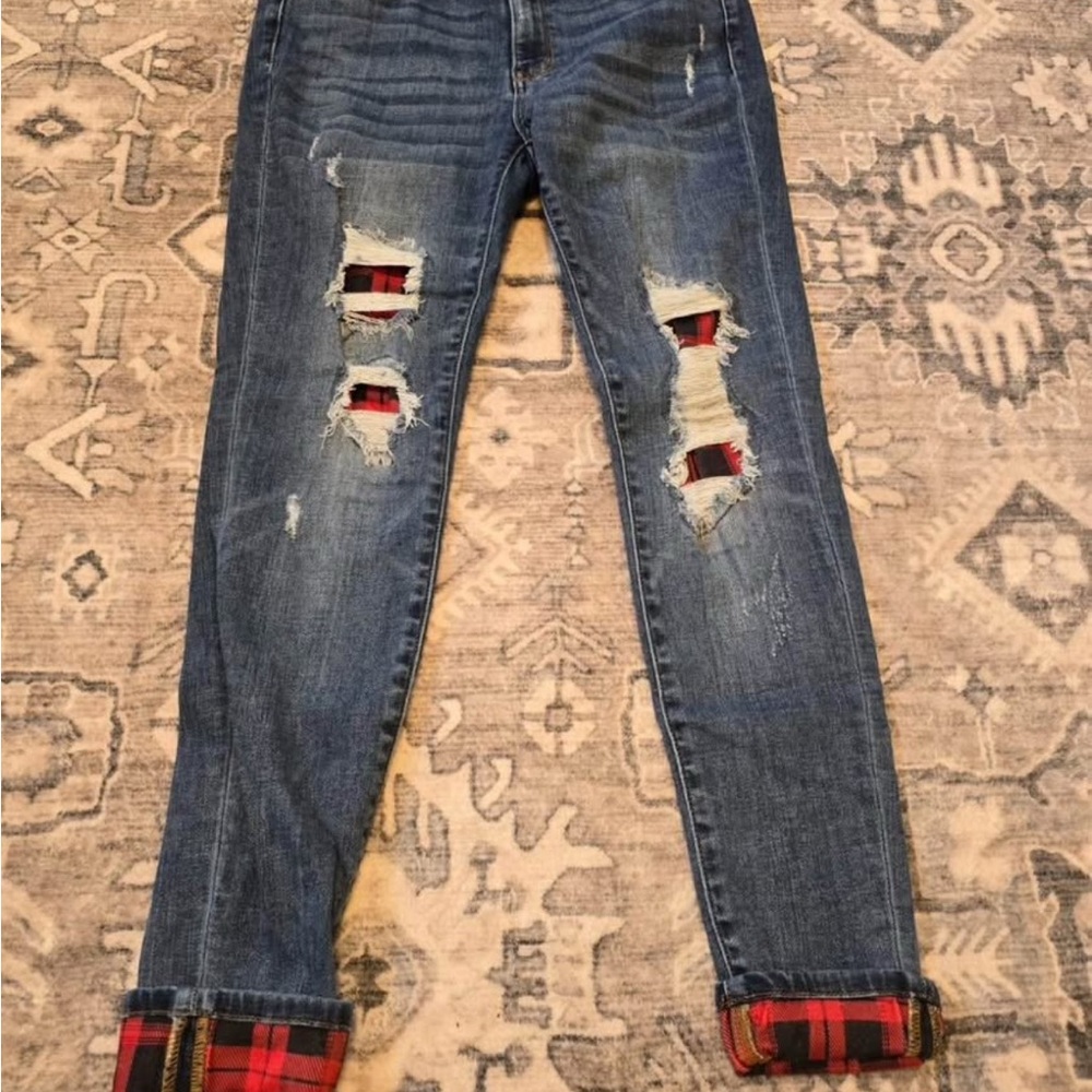 Judy Blue Distressed Plaid Cuff Jeans